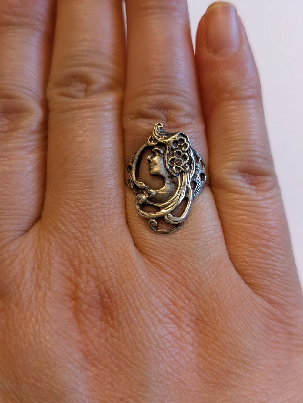 Art Nouveau Lady Profile Ring Sz 7 Sterling Silver Vintage Signed 925 - Picture 5 of 11